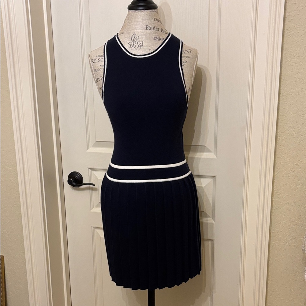 Abercrombie & Fitch Navy Knit Pleated Dress with White Trim
